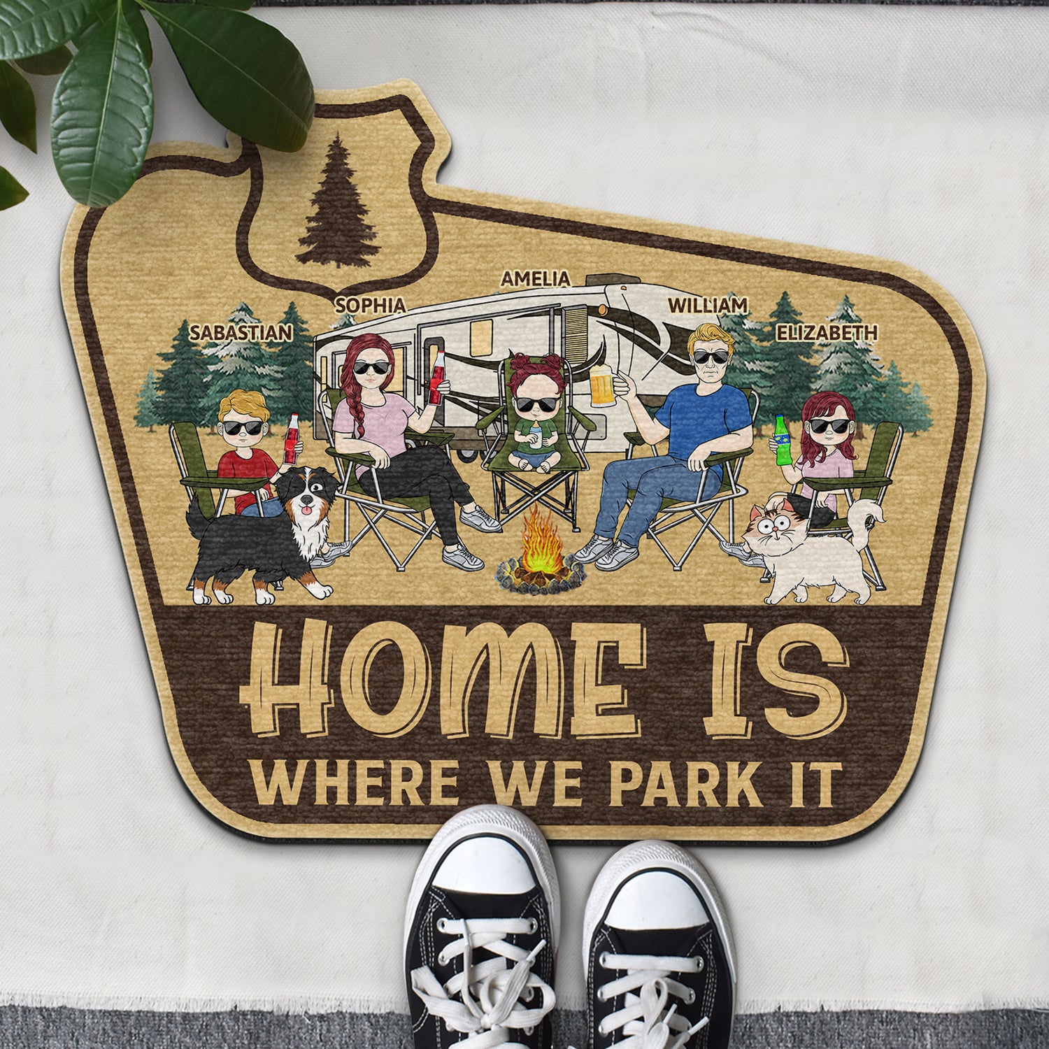 Home Is Where We Park It - Gift For Camping Lovers, Dog Lovers, Cat Lovers, Family - Personalized Custom Shaped Doormat