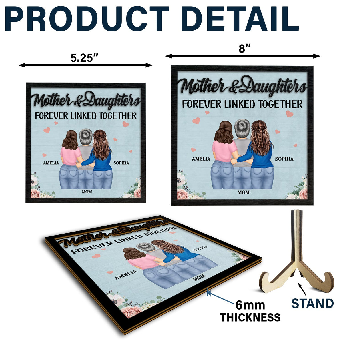 Mother And Daughters Forever Linked Together - Gift For Mom, Mother, Grandma - Personalized 2-Layered Wooden Plaque With Stand