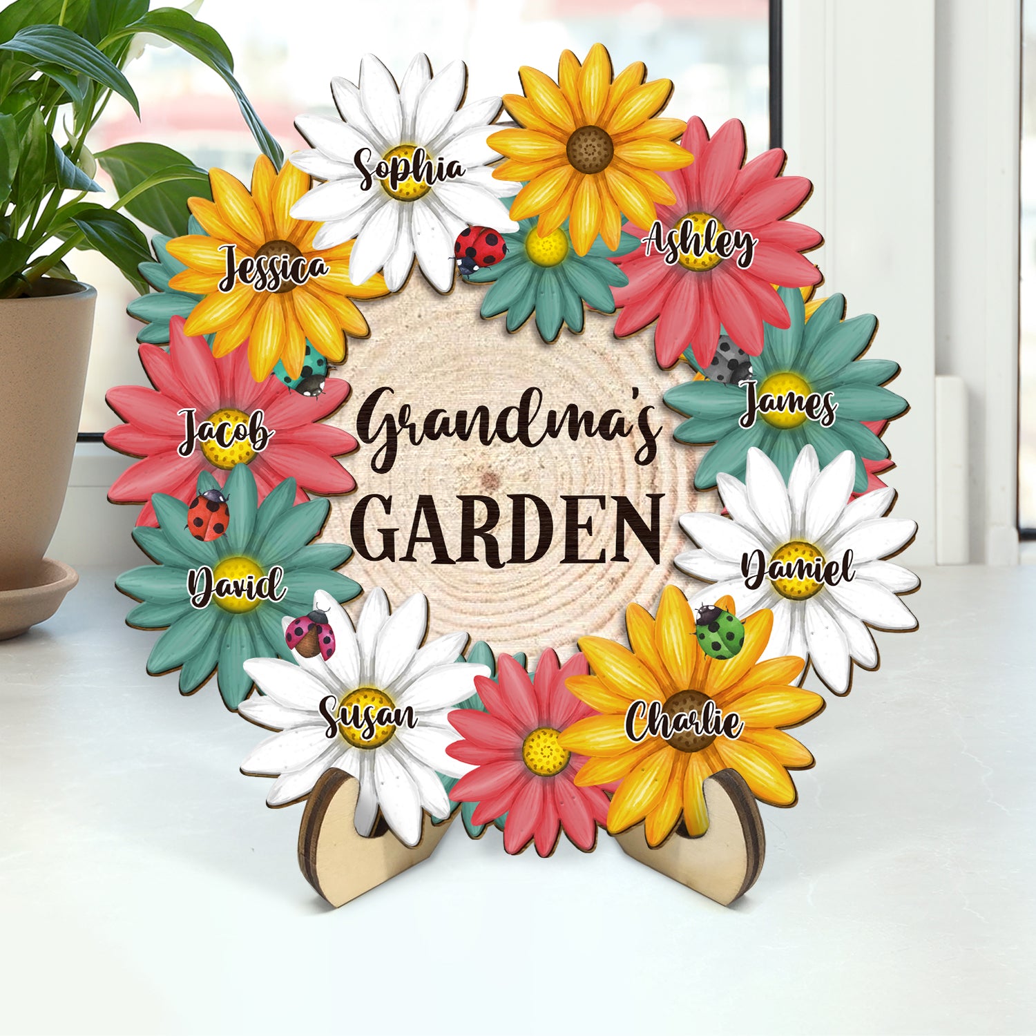 Grandma's Garden - Gift For Mom, Mother, Grandma, Nana - Personalized 2-Layered Wooden Plaque With Stand