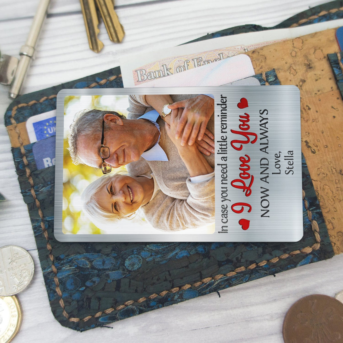 Photo personnalisée au cas où vous auriez besoin d'un petit rappel vertical - Cadeau pour couples, mari, femme - Carte portefeuille en aluminium personnalisée