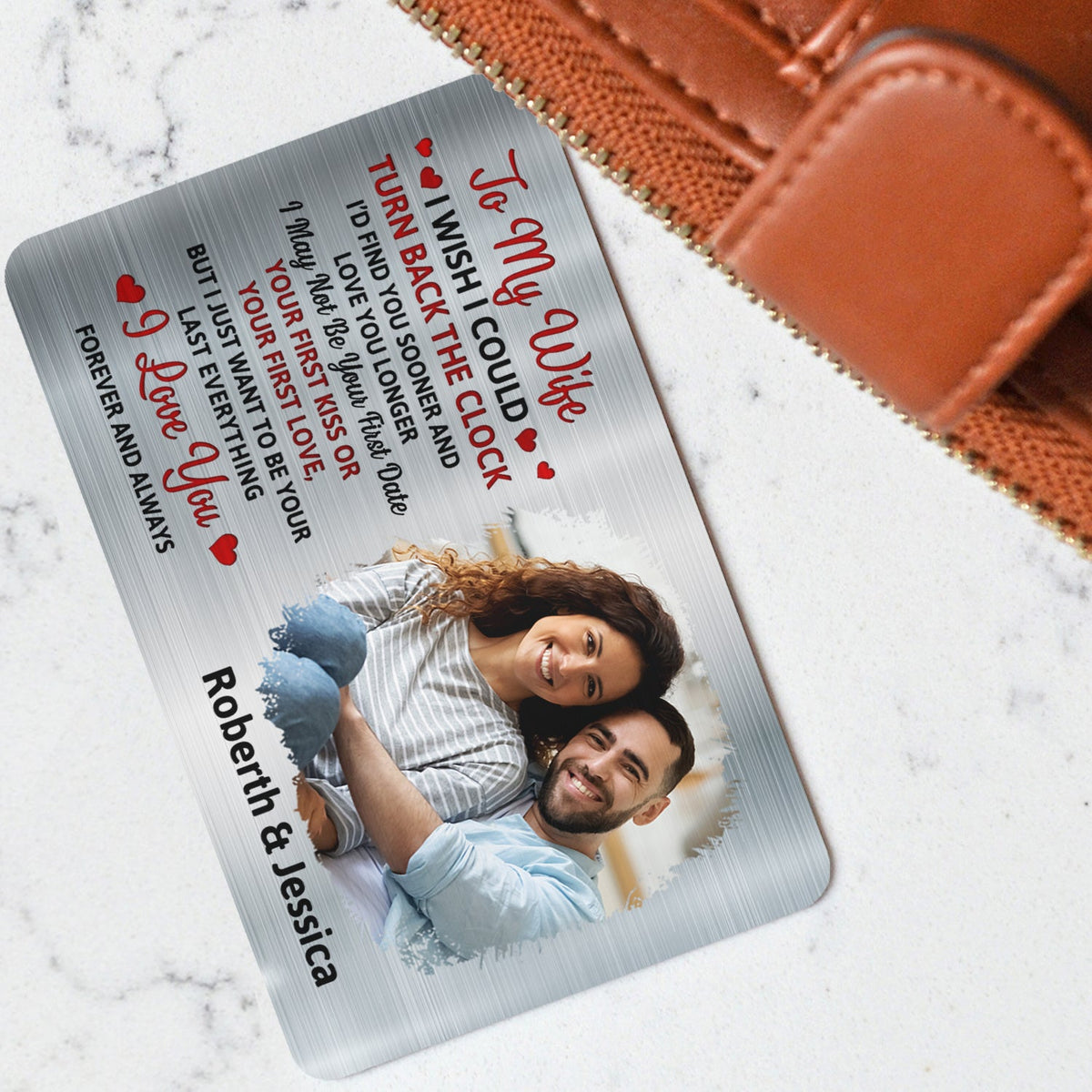 Photo personnalisée « J'aimerais pouvoir remonter le temps » - Cadeau pour couples, mari, femme - Carte portefeuille en aluminium personnalisée