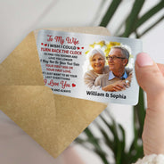 Photo personnalisée « J'aimerais pouvoir remonter le temps » - Cadeau pour couples, mari, femme - Carte portefeuille en aluminium personnalisée