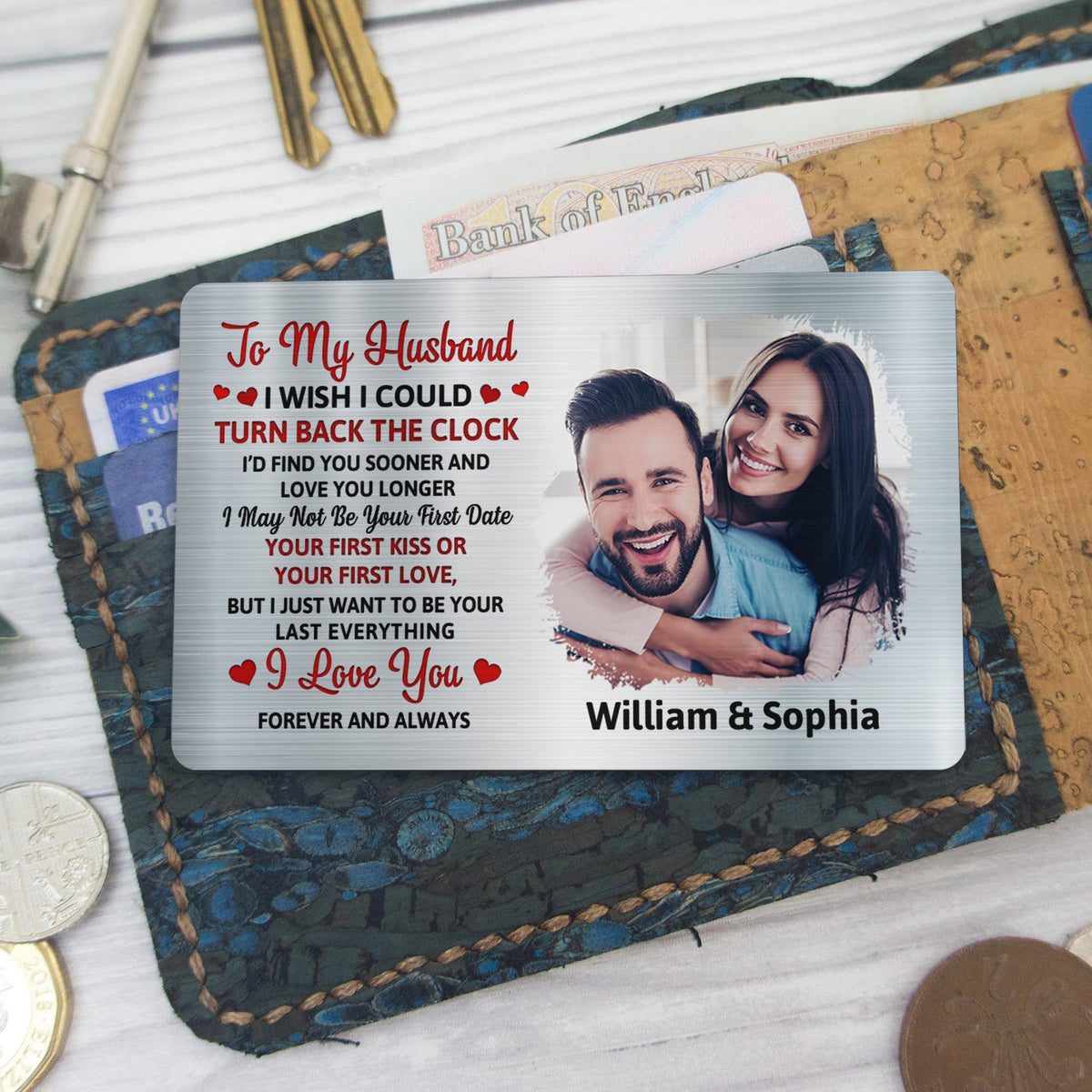 Photo personnalisée « J'aimerais pouvoir remonter le temps » - Cadeau pour couples, mari, femme - Carte portefeuille en aluminium personnalisée