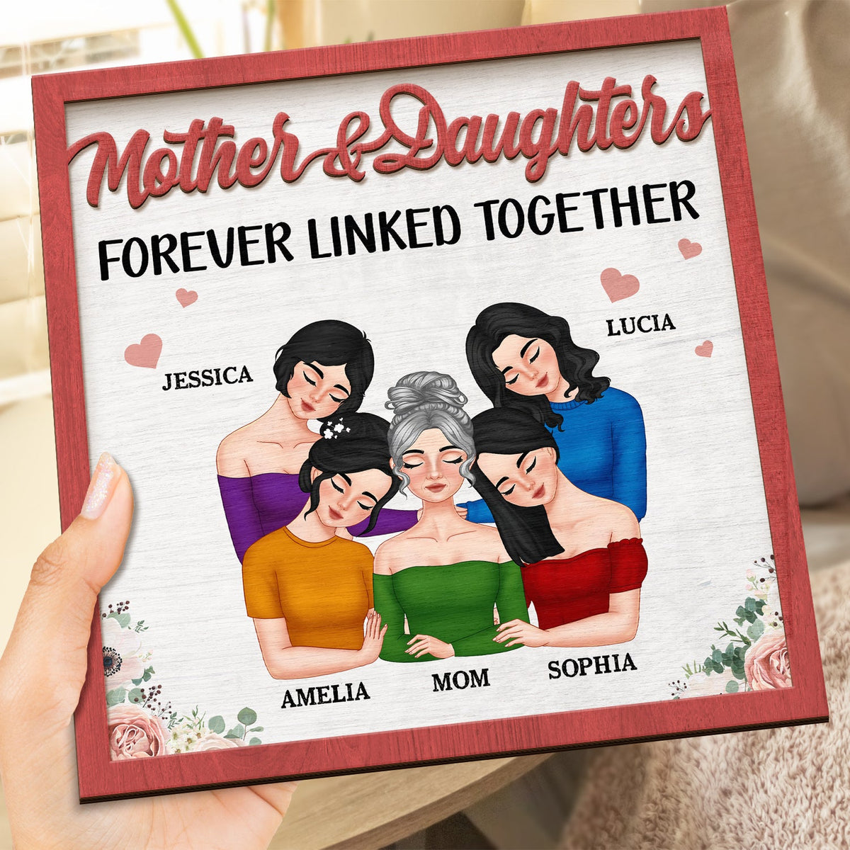 Mother And Daughters Forever Linked Together Doll Face - Gift For Mom, Mother, Grandma - Personalized 2-Layered Wooden Plaque With Stand