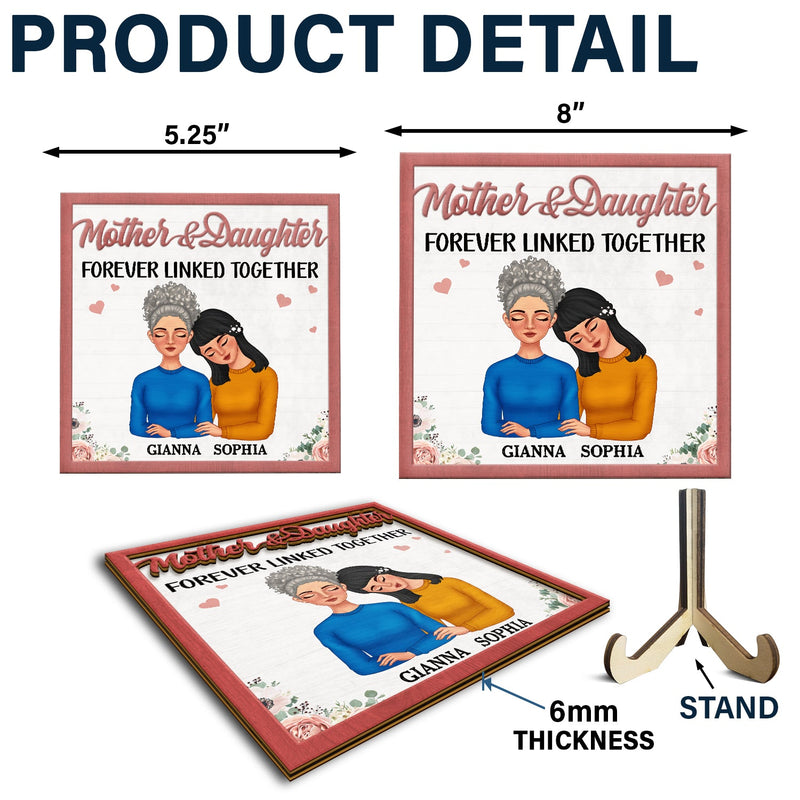 Mother And Daughters Forever Linked Together Doll Face - Gift For Mom, Mother, Grandma - Personalized 2-Layered Wooden Plaque With Stand