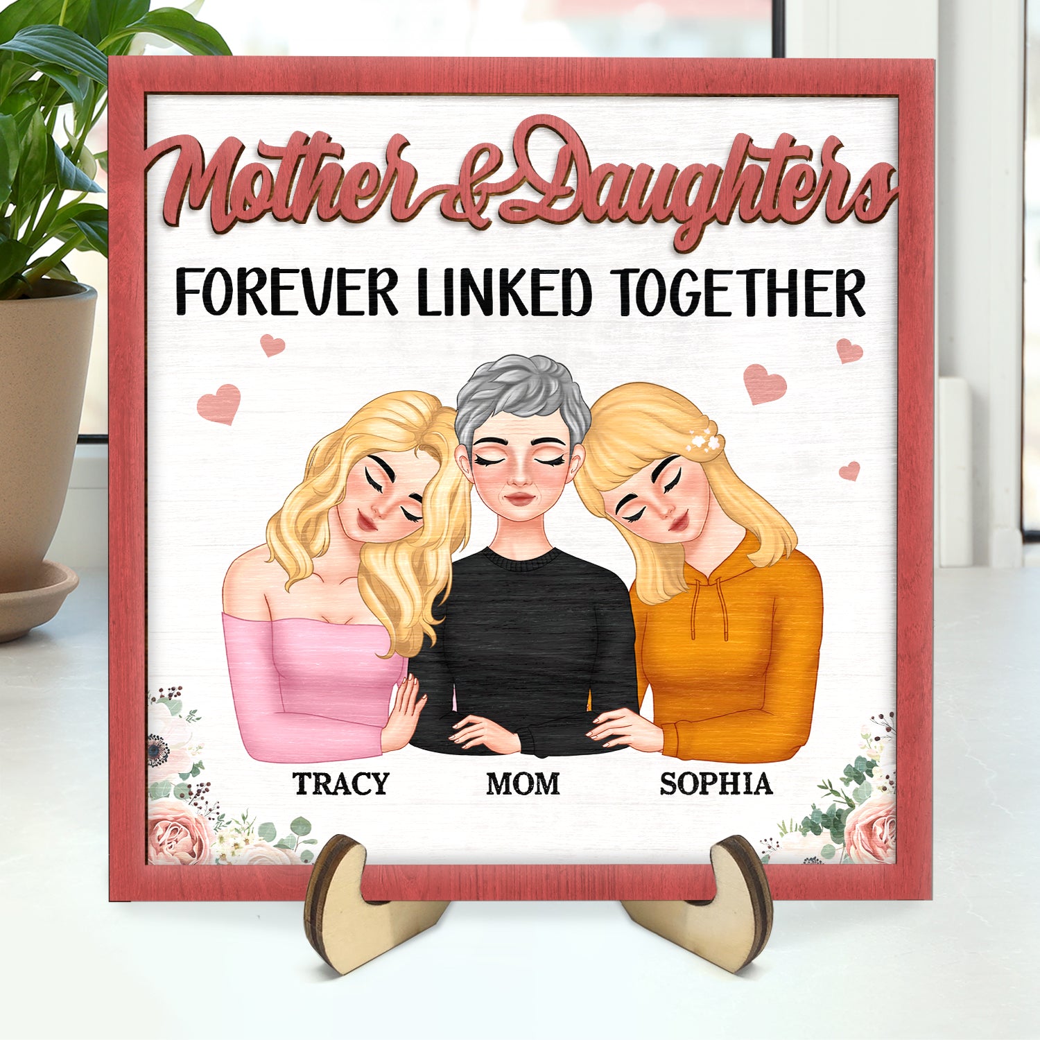Mother And Daughters Forever Linked Together Doll Face - Gift For Mom, Mother, Grandma - Personalized 2-Layered Wooden Plaque With Stand