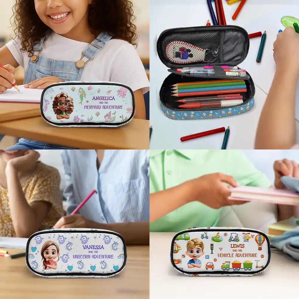 Back To School,Gift For Kids- A Magical Adventure with Dinosaurs Mermaids Space Vehicles Unicorns - Personalized Pencil Case