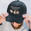 Cat Lovers,Cat Dad,Pet Lovers,Pet Dad - A Man And His Cat - Personalized Vintage Washed Denim Cap