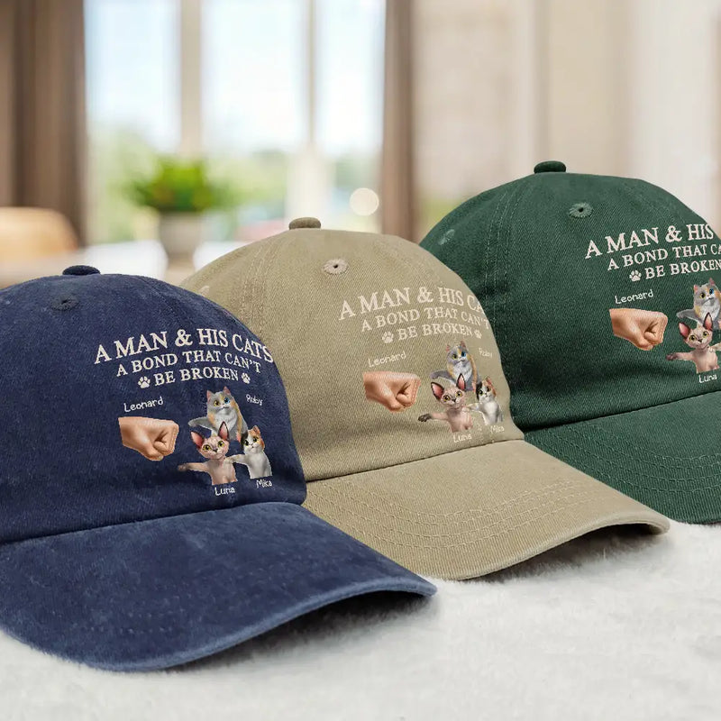Cat Lovers,Cat Dad,Pet Lovers,Pet Dad - A Man And His Cat - Personalized Vintage Washed Denim Cap