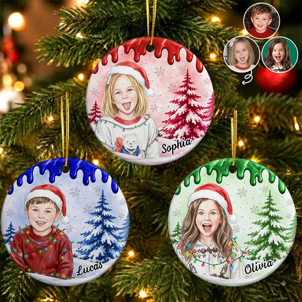 Art Design,Christmas,Custom Photo,Gift For Kids,Photo - Portrait With Santa Hat & Christmas Lights,Playful - Gift For Kids And Grandkids - Personalized Custom Photo Watercolor Christmas Accessories Kid With Paint Dripping Color Circle Ceramic Ornament