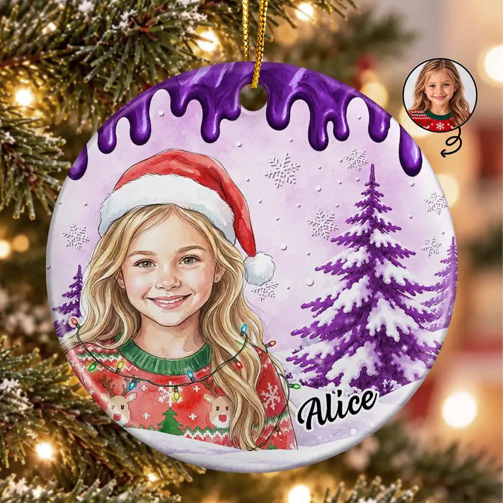 Art Design,Christmas,Custom Photo,Gift For Kids,Photo - Portrait With Santa Hat & Christmas Lights,Playful - Gift For Kids And Grandkids - Personalized Custom Photo Watercolor Christmas Accessories Kid With Paint Dripping Color Circle Ceramic Ornament