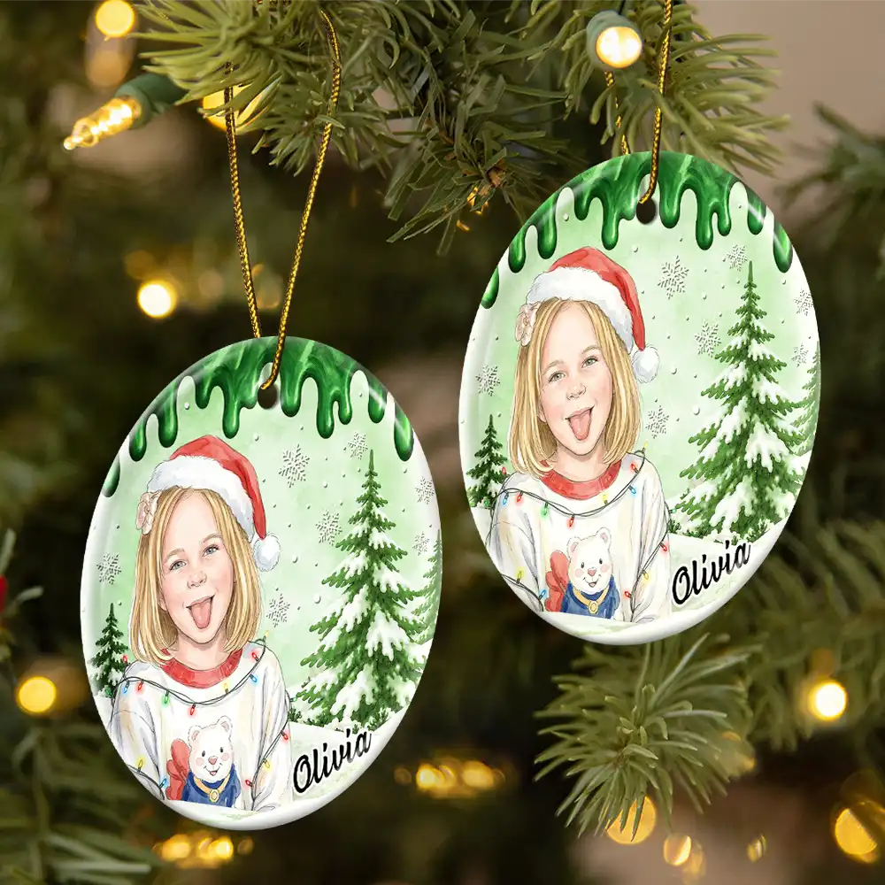 Art Design,Christmas,Custom Photo,Gift For Kids,Photo - Portrait With Santa Hat & Christmas Lights,Playful - Gift For Kids And Grandkids - Personalized Custom Photo Watercolor Christmas Accessories Kid With Paint Dripping Color Circle Ceramic Ornament