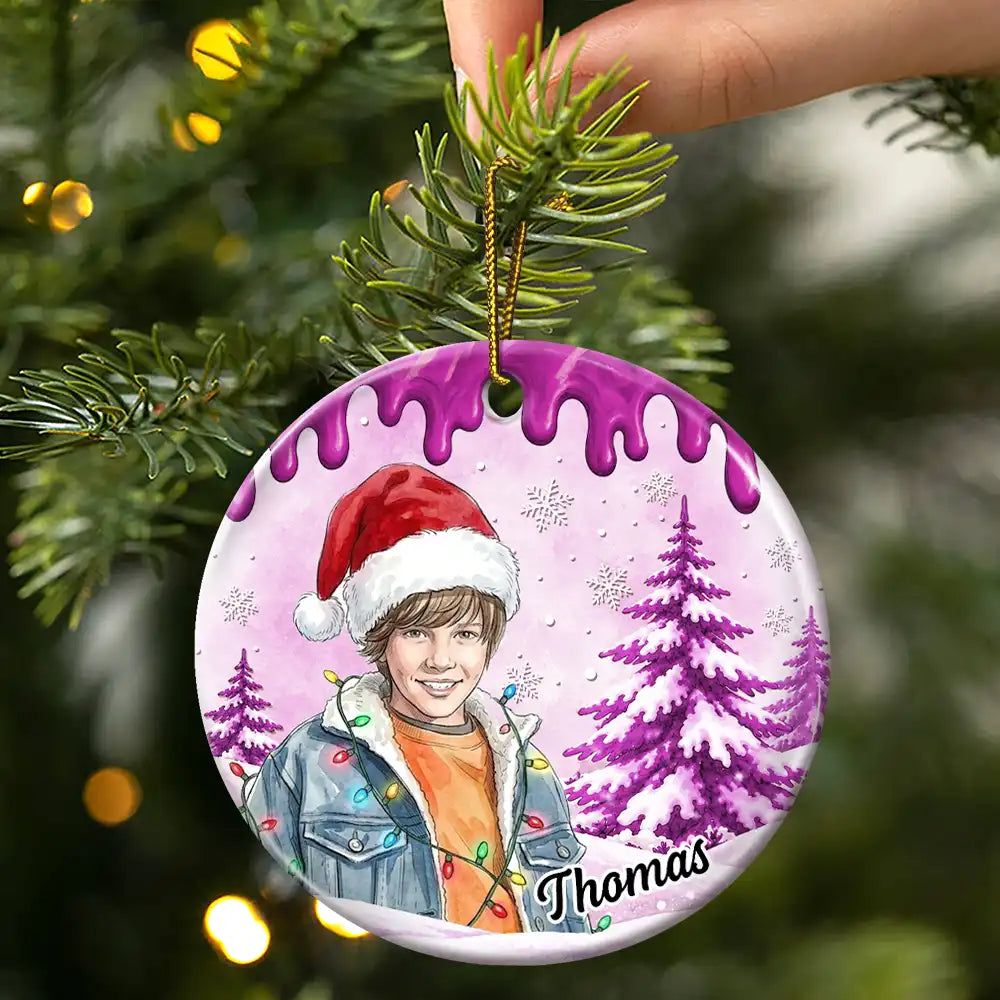 Art Design,Christmas,Custom Photo,Gift For Kids,Photo - Portrait With Santa Hat & Christmas Lights,Playful - Gift For Kids And Grandkids - Personalized Custom Photo Watercolor Christmas Accessories Kid With Paint Dripping Color Circle Ceramic Ornament