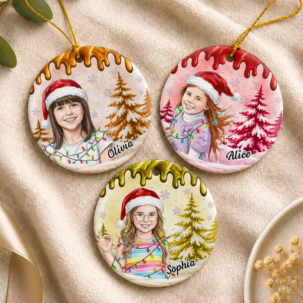 Art Design,Christmas,Custom Photo,Gift For Kids,Photo - Portrait With Santa Hat & Christmas Lights,Playful - Gift For Kids And Grandkids - Personalized Custom Photo Watercolor Christmas Accessories Kid With Paint Dripping Color Circle Ceramic Ornament