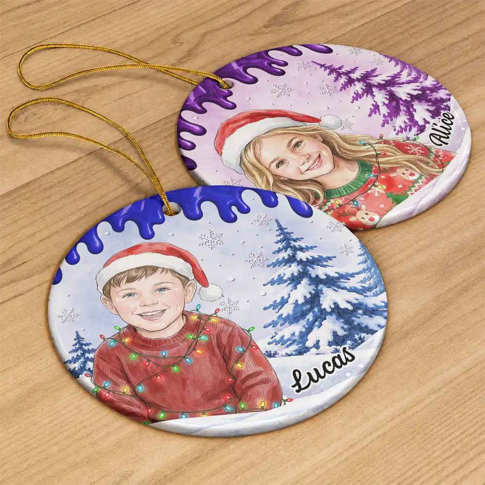 Art Design,Christmas,Custom Photo,Gift For Kids,Photo - Portrait With Santa Hat & Christmas Lights,Playful - Gift For Kids And Grandkids - Personalized Custom Photo Watercolor Christmas Accessories Kid With Paint Dripping Color Circle Ceramic Ornament