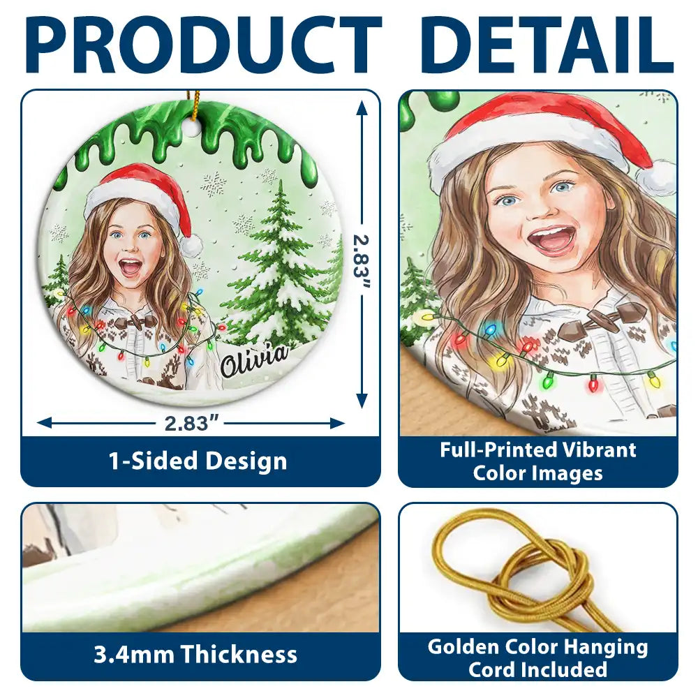 Art Design,Christmas,Custom Photo,Gift For Kids,Photo - Portrait With Santa Hat & Christmas Lights,Playful - Gift For Kids And Grandkids - Personalized Custom Photo Watercolor Christmas Accessories Kid With Paint Dripping Color Circle Ceramic Ornament
