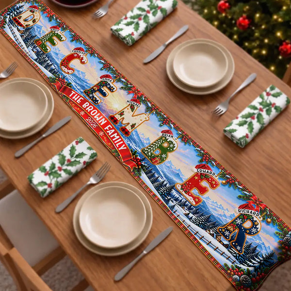 Christmas,Family,Happy,Icon - Christmas Decor Gift For Mom Grandma - Personalized Family Name Santa Hat Letter Garland Table Runner