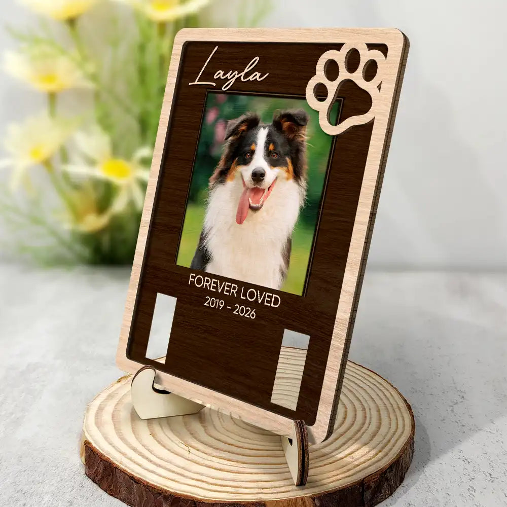 Custom Photo,Memorial,Pet Lovers,Pet Memorial,Sympathetic,Upload Full Photo - Pet Memorial Gift - Personalized Custom Photo In Loving Memory 2-Layered Wooden Plaque With Stand