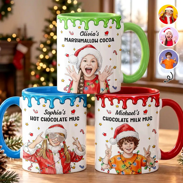 Adorable,Art Design,Christmas,Custom Photo,Gift For Kids,Photo - Portrait With Santa Hat & Christmas Lights,Top Market - Christmas Gift For Kids - Personalized Custom Photo Watercolor Name & Favorite Drink Hot Chocolate Accent Mug