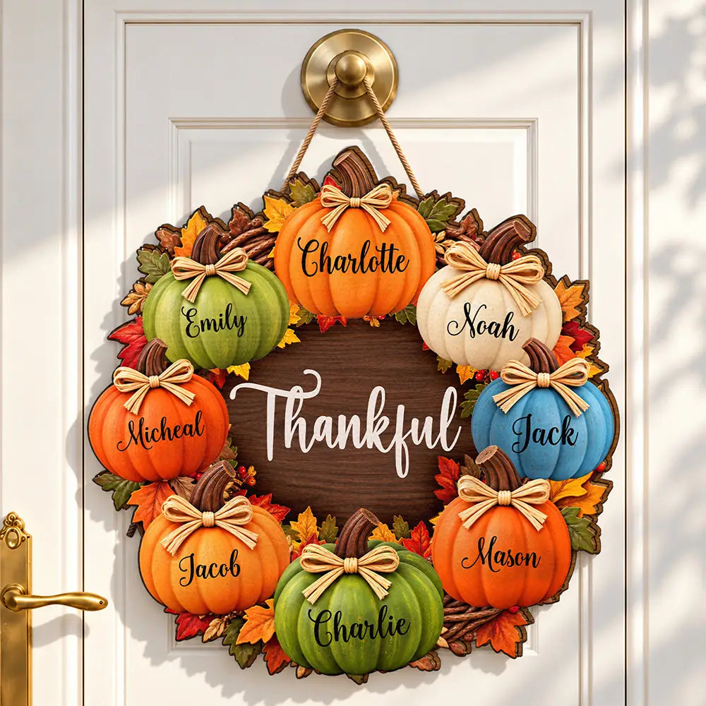 Thanksgiving Front Door Decor For Family - Personalized Thankful Pumpkin Wood Sign