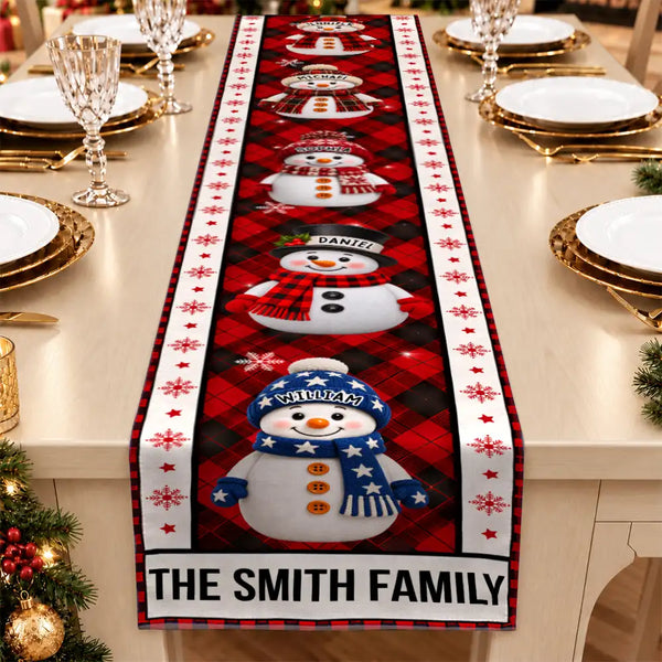 Christmas Decor Gift For Family Mom Grandma - Personalized Family Name And Names Buffalo Plaid Snowmen Table Runner