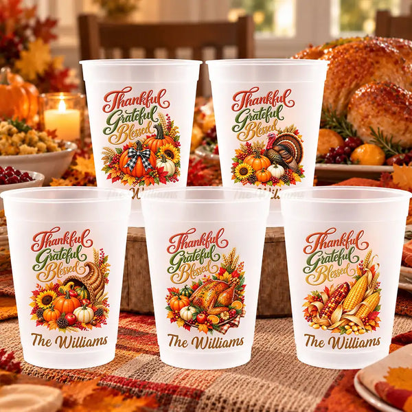 Family,Happy,Icon,Thanksgiving,Top Market - Thanksgiving Party Cups For Family Gathering - Personalized Thankful Grateful Blessed Turkey Pumpkin Frosted Cups