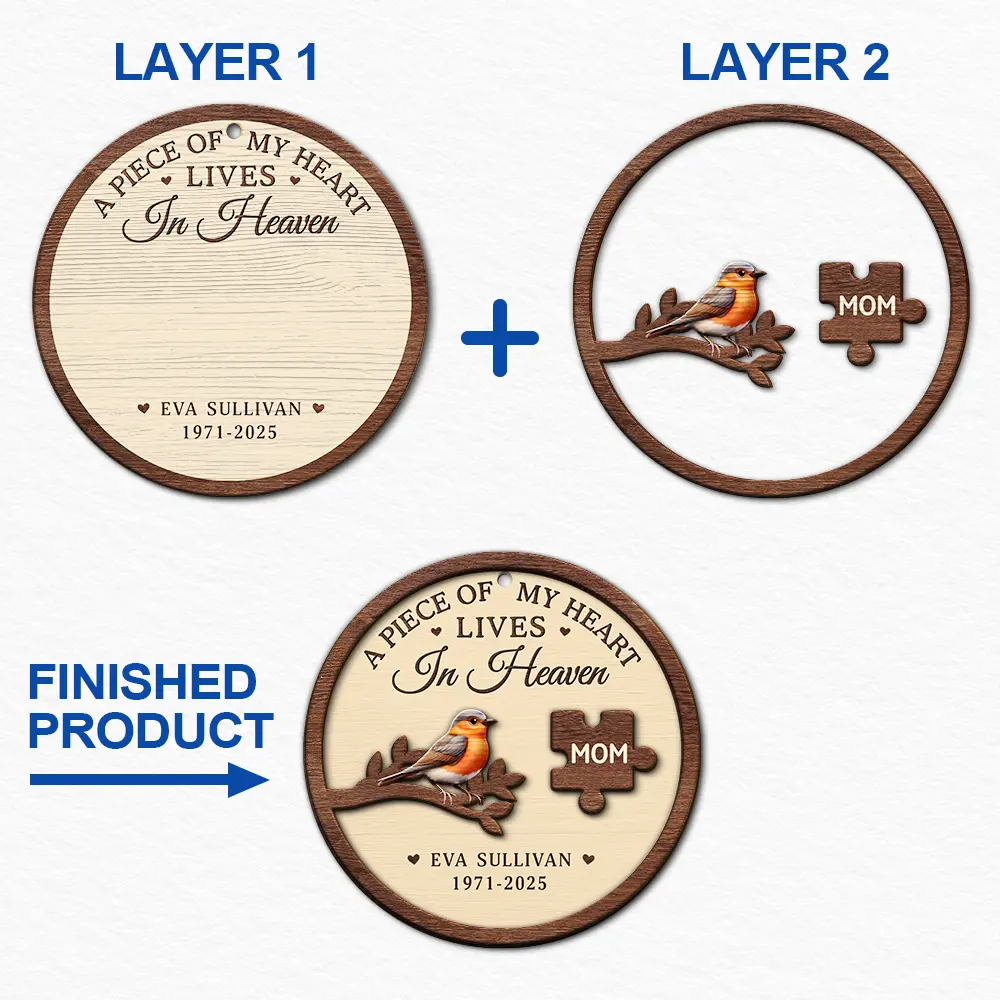 Memorial,Christmas,Family,Sad,Gift For Grandparents - A Piece Of My Heart Lives In Heaven - Personalized 2-Layered Wooden Ornament