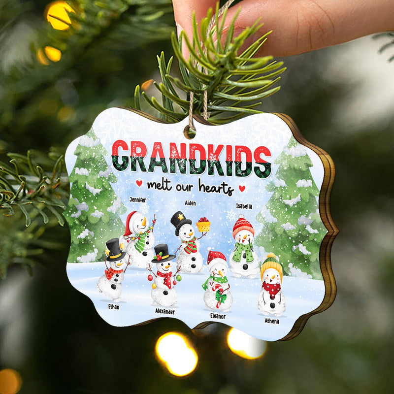 Snowmen Grandkids Melt My Heart - Christmas, Gift For Grandparents - Personalized Medallion Wooden Ornament