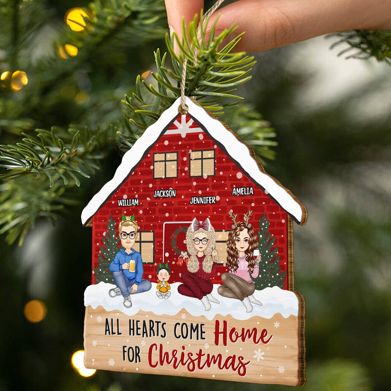 Christmas Cartoon Family All Hearts Come Home For Christmas - Gift For Family - Personalized Custom Shaped Wooden Ornament