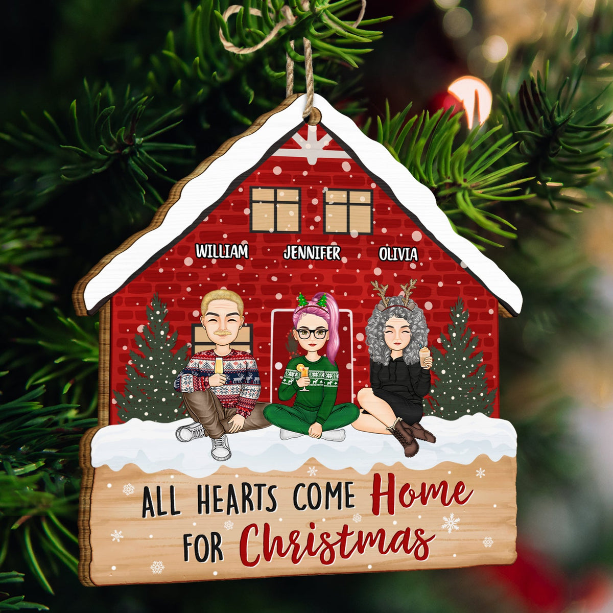 Christmas Cartoon Family All Hearts Come Home For Christmas - Gift For Family - Personalized Custom Shaped Wooden Ornament