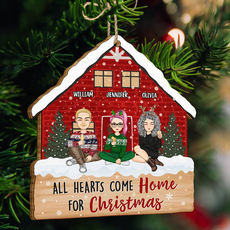 Christmas Cartoon Family All Hearts Come Home For Christmas - Gift For Family - Personalized Custom Shaped Wooden Ornament