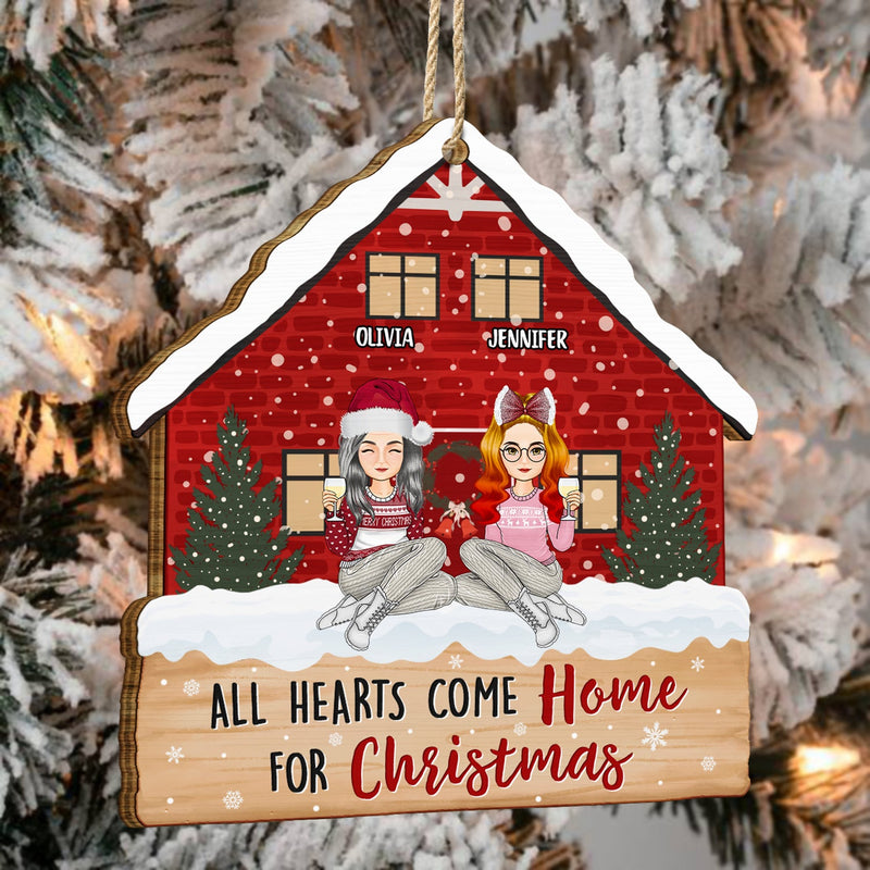 Christmas Cartoon Family All Hearts Come Home For Christmas - Gift For Family - Personalized Custom Shaped Wooden Ornament