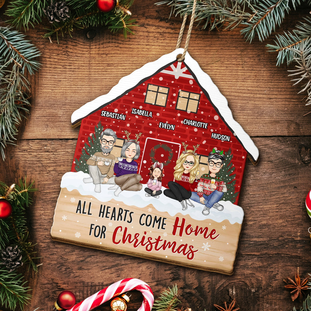 Christmas Cartoon Family All Hearts Come Home For Christmas - Gift For Family - Personalized Custom Shaped Wooden Ornament