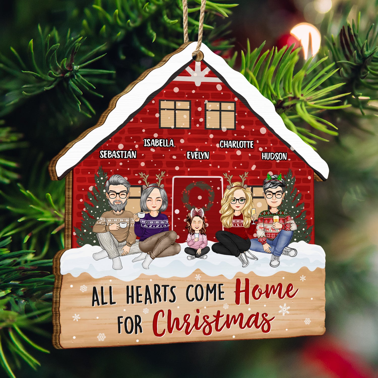 Christmas Cartoon Family All Hearts Come Home For Christmas - Gift For Family - Personalized Custom Shaped Wooden Ornament