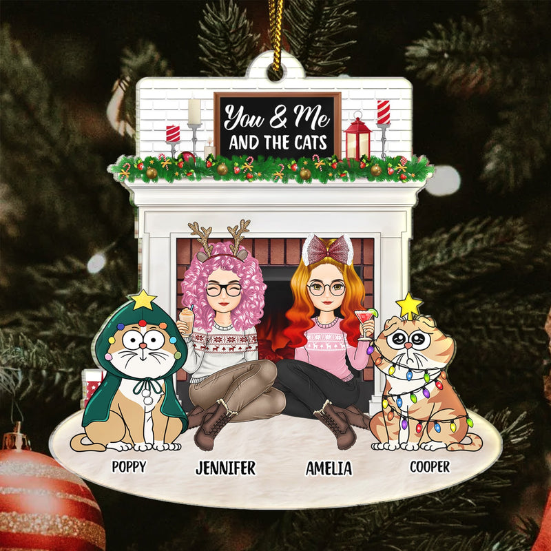 Christmas Couple Fireplace You & Me And The Pets - Gift For Pet Lovers Couple - Personalized Cutout Acrylic Ornament