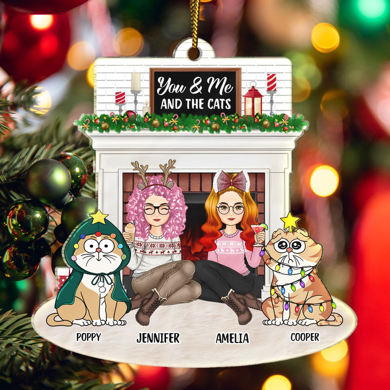 Christmas Couple Fireplace You & Me And The Pets - Gift For Pet Lovers Couple - Personalized Cutout Acrylic Ornament