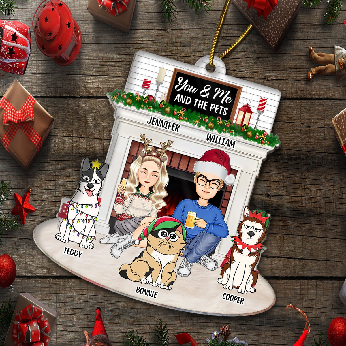 Christmas Couple Fireplace You & Me And The Pets - Gift For Pet Lovers Couple - Personalized Cutout Acrylic Ornament