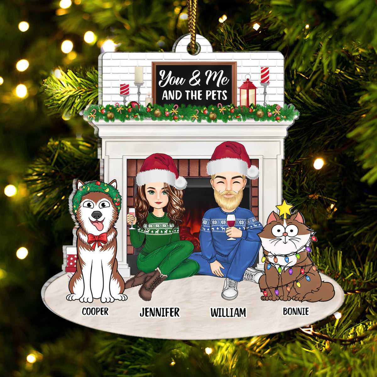 Christmas Couple Fireplace You & Me And The Pets - Gift For Pet Lovers Couple - Personalized Cutout Acrylic Ornament