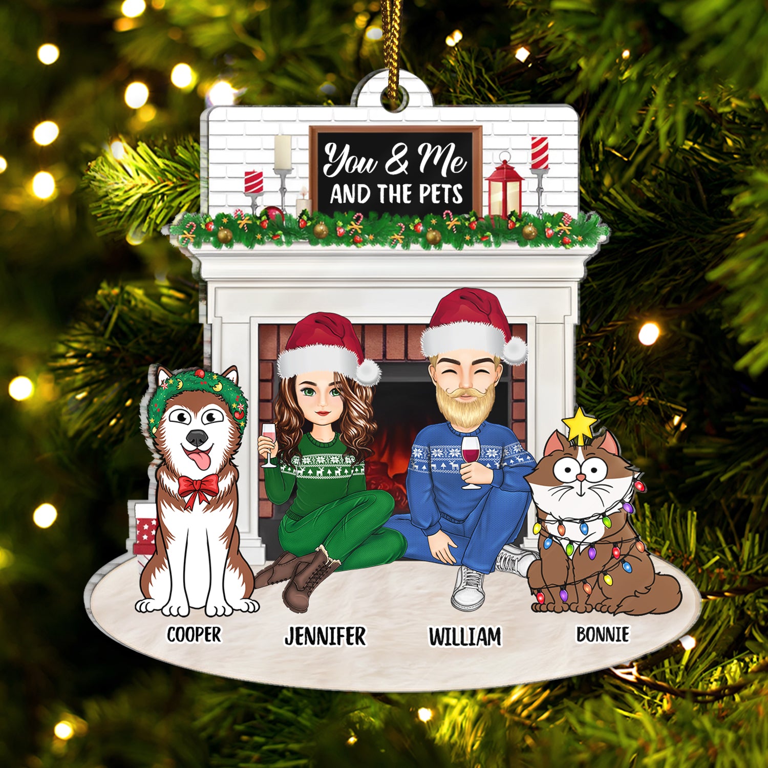Christmas Couple Fireplace You & Me And The Pets - Gift For Pet Lovers Couple - Personalized Cutout Acrylic Ornament