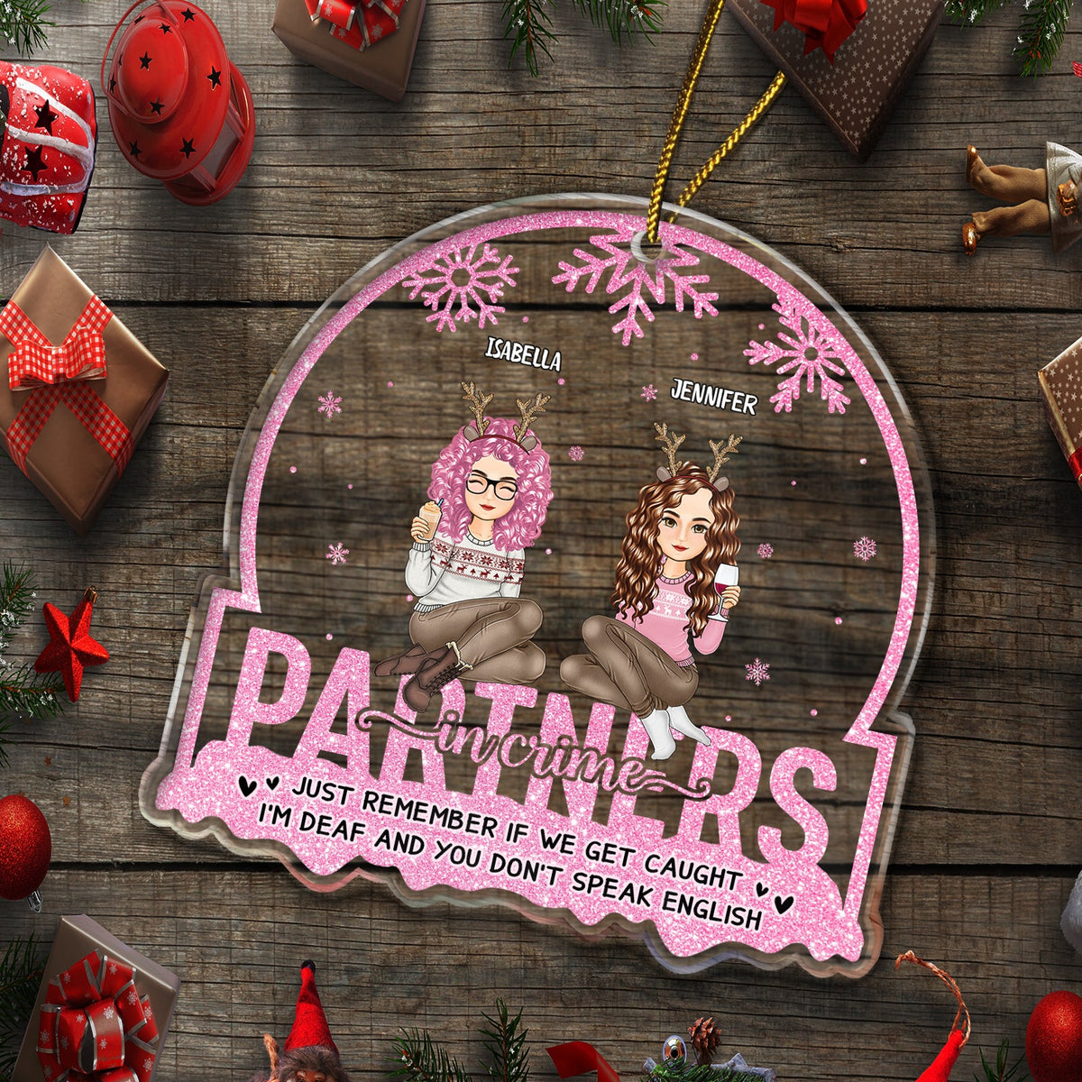 Christmas Bestie Partners In Crime Glitter - Gift For Bestie - Personalized Custom Shaped Acrylic Ornament