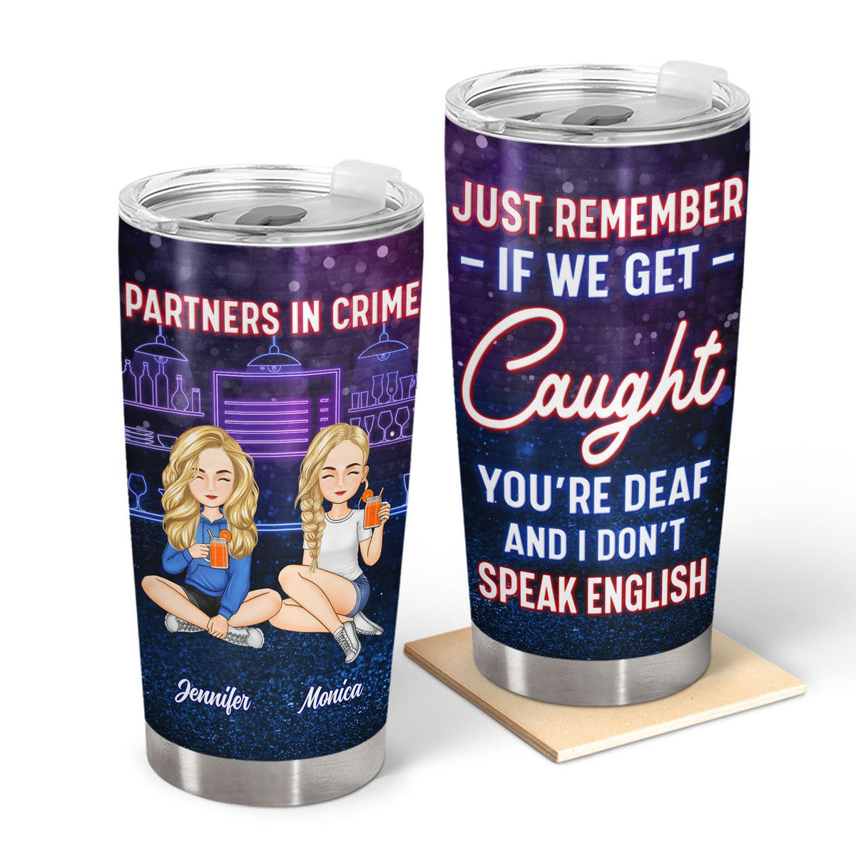 Cartoon Drinking Glitter Partners In Crime - Gift For Besties - Personalized Tumbler