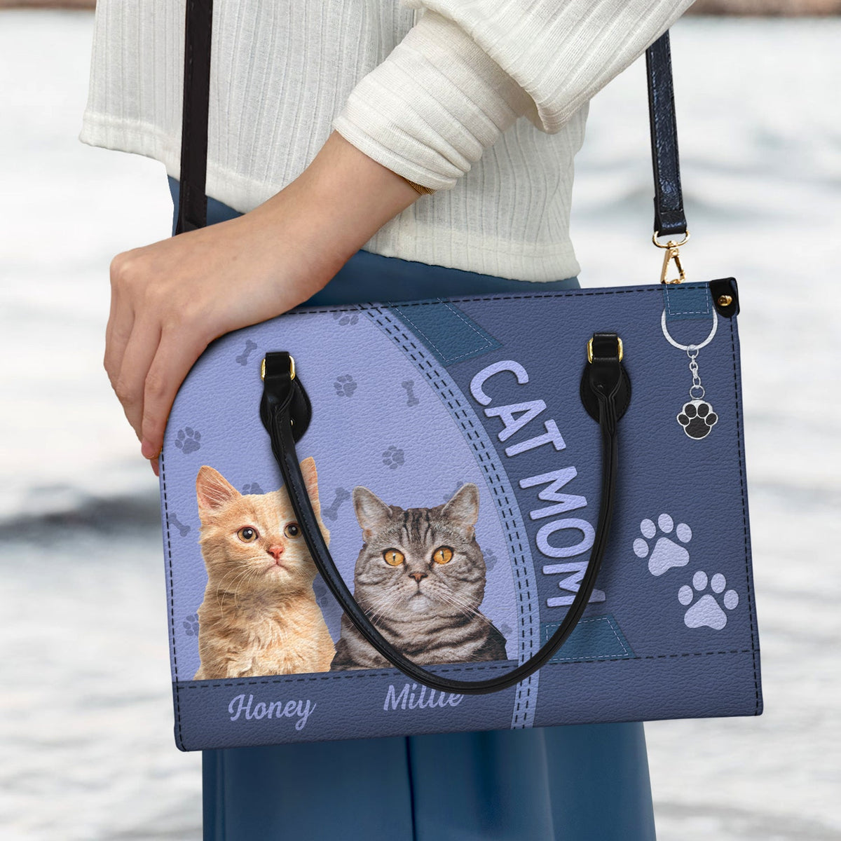 Sac en cuir personnalisé avec photo de chien et chat - Cadeau pour maman chat, maman chien et amoureux des animaux