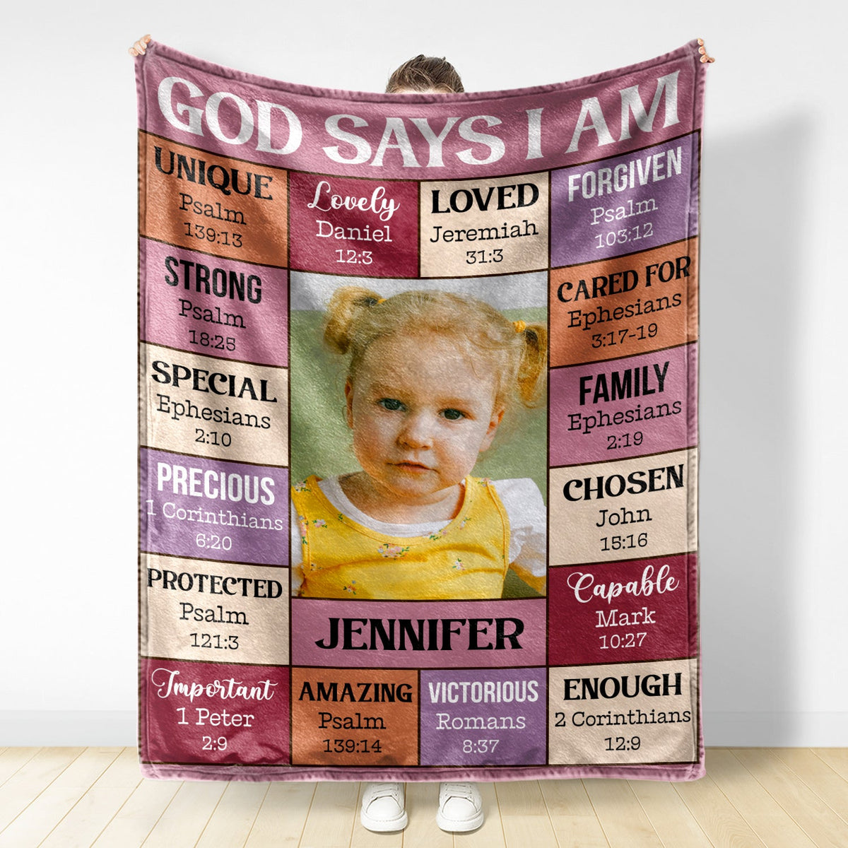 Photo personnalisée « Dieu dit que je suis » - Cadeau pour enfants et petits-enfants - Couverture polaire personnalisée, couverture sherpa