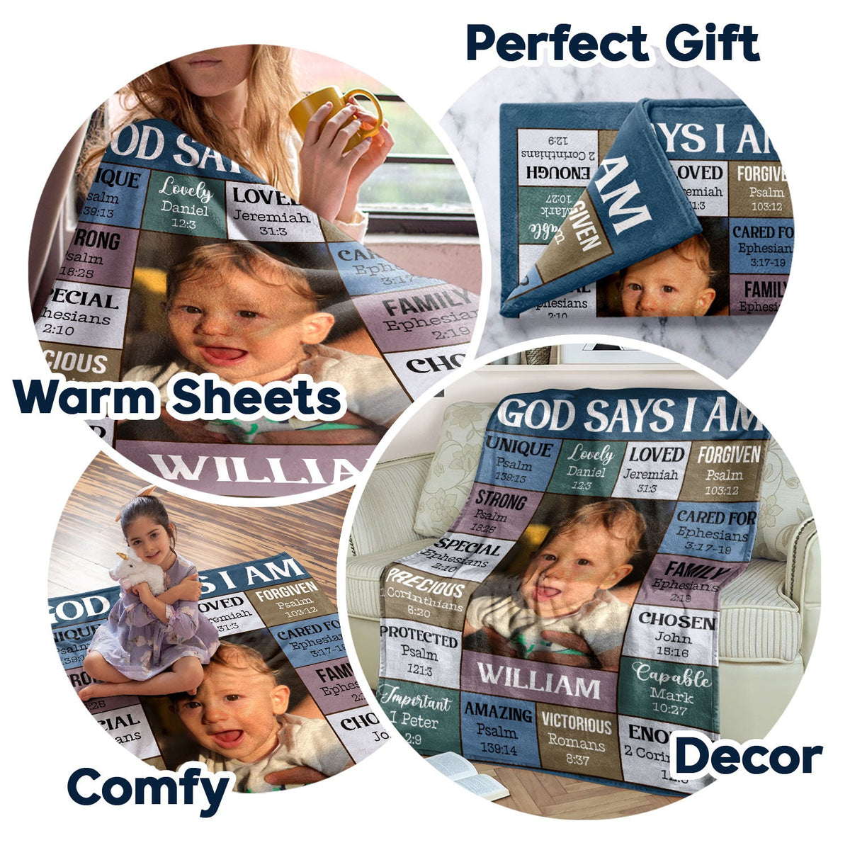 Photo personnalisée « Dieu dit que je suis » - Cadeau pour enfants et petits-enfants - Couverture polaire personnalisée, couverture sherpa