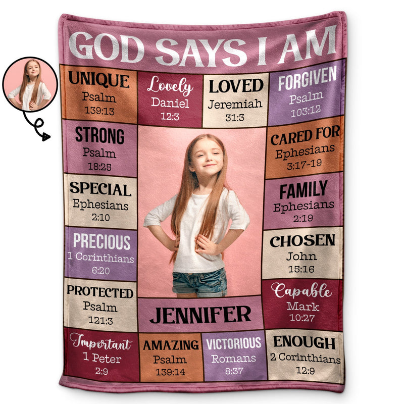 Photo personnalisée « Dieu dit que je suis » - Cadeau pour enfants et petits-enfants - Couverture polaire personnalisée, couverture sherpa