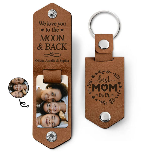 Porte-clés photo personnalisé en cuir avec photo « Nous t'aimons jusqu'à la lune et retour » - Cadeau pour maman