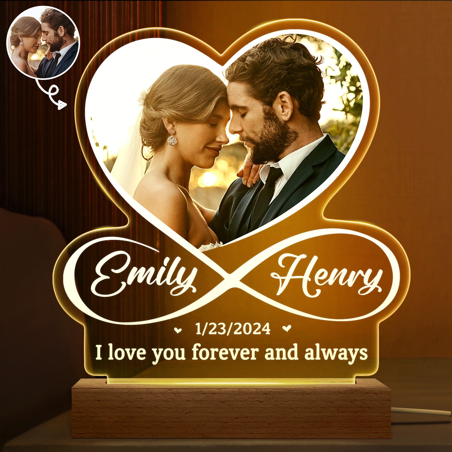 Custom Photo I Love You - Loving Gift For Couples - Personalized 3D Led Light Wooden Base