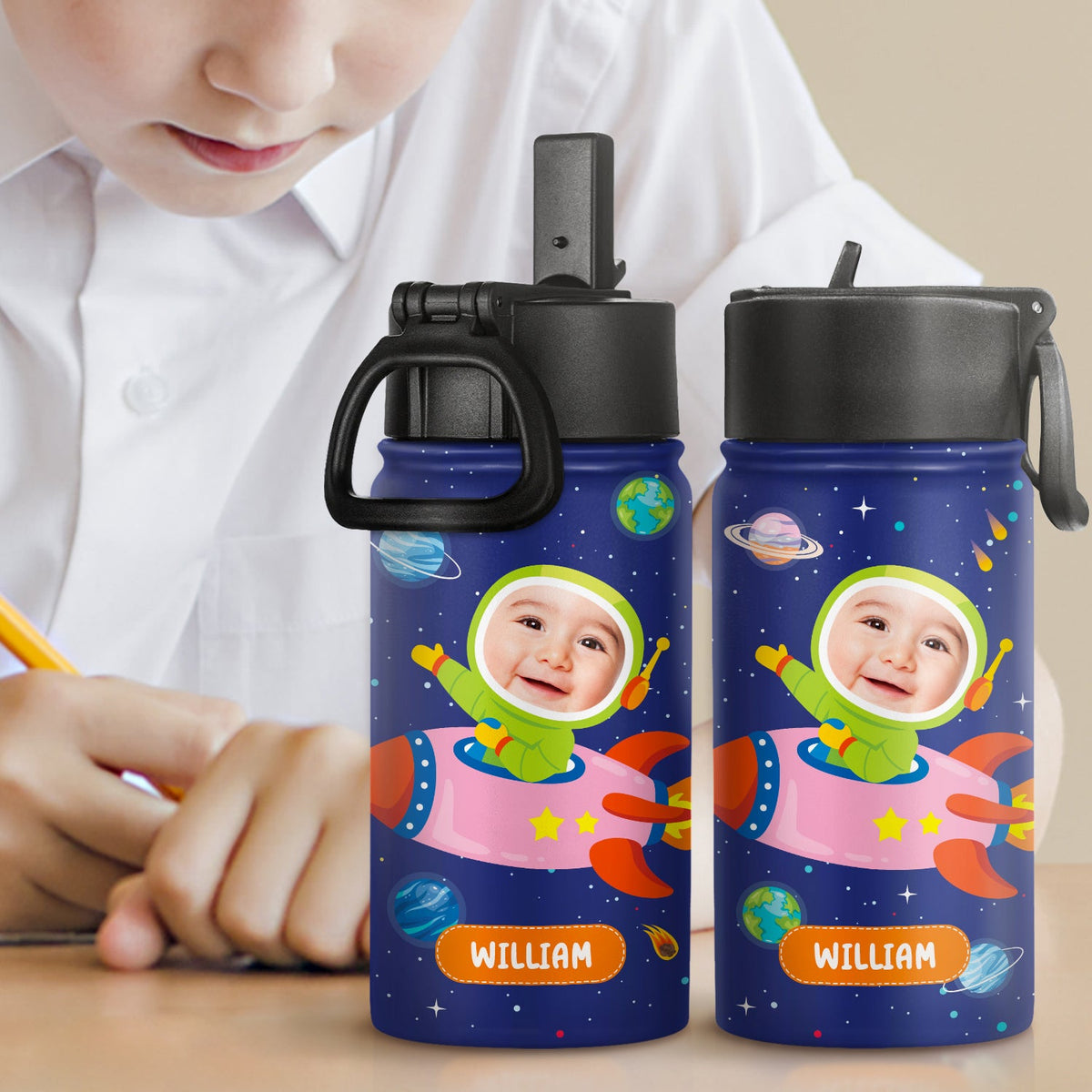 Custom Photo Funny Car Mermaid Unicorn Dinosaur Astronaut - Gift For Kids - Personalized Kids Water Bottle