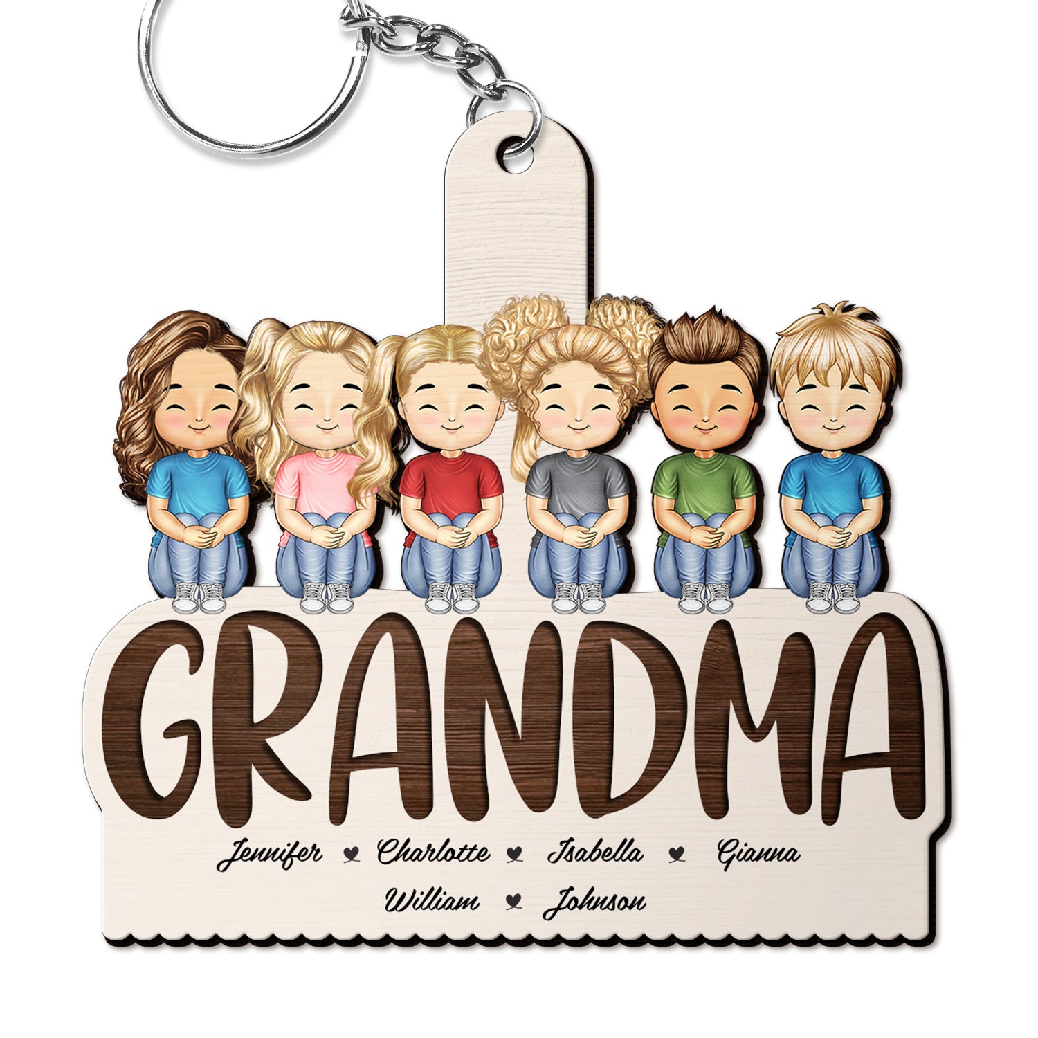 Grandma Mom Grandkids Kids Sitting - Gift For Mother, Grandmother - Personalized Cutout Wooden Keychain