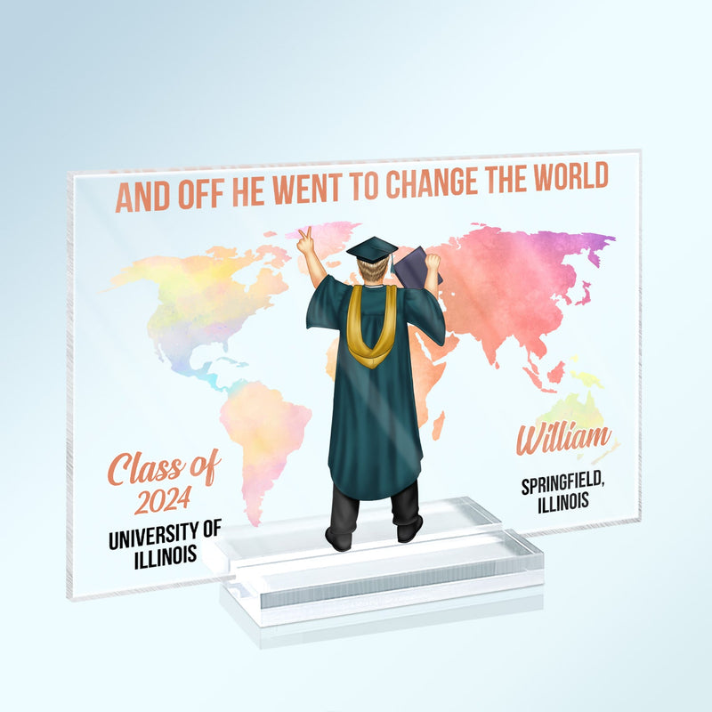 And Off She Went To Change The World - Graduation Gift, Gift For Friends - Personalized Horizontal Rectangle Acrylic Plaque
